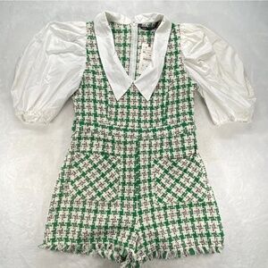 Zara Tweed Romper Puff Sleeve Collared Green White Black L